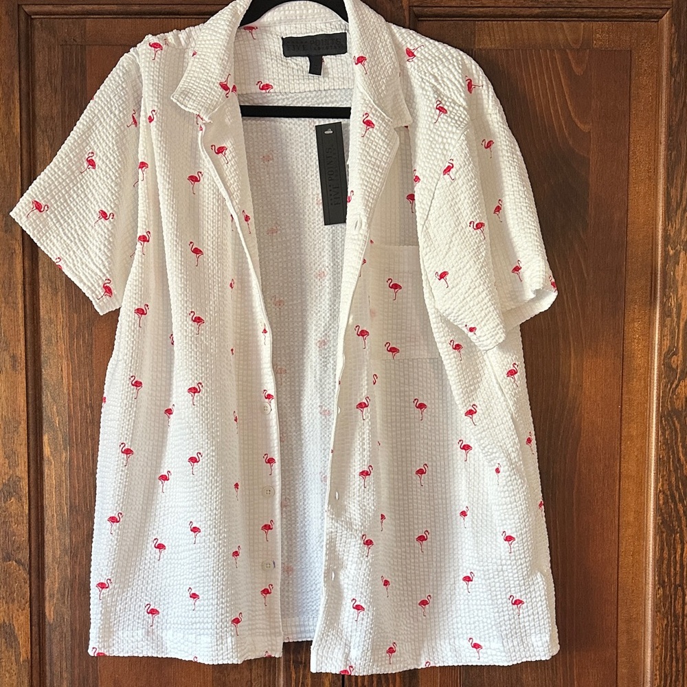 Men's White Flamingo Print Seersucker Shirt